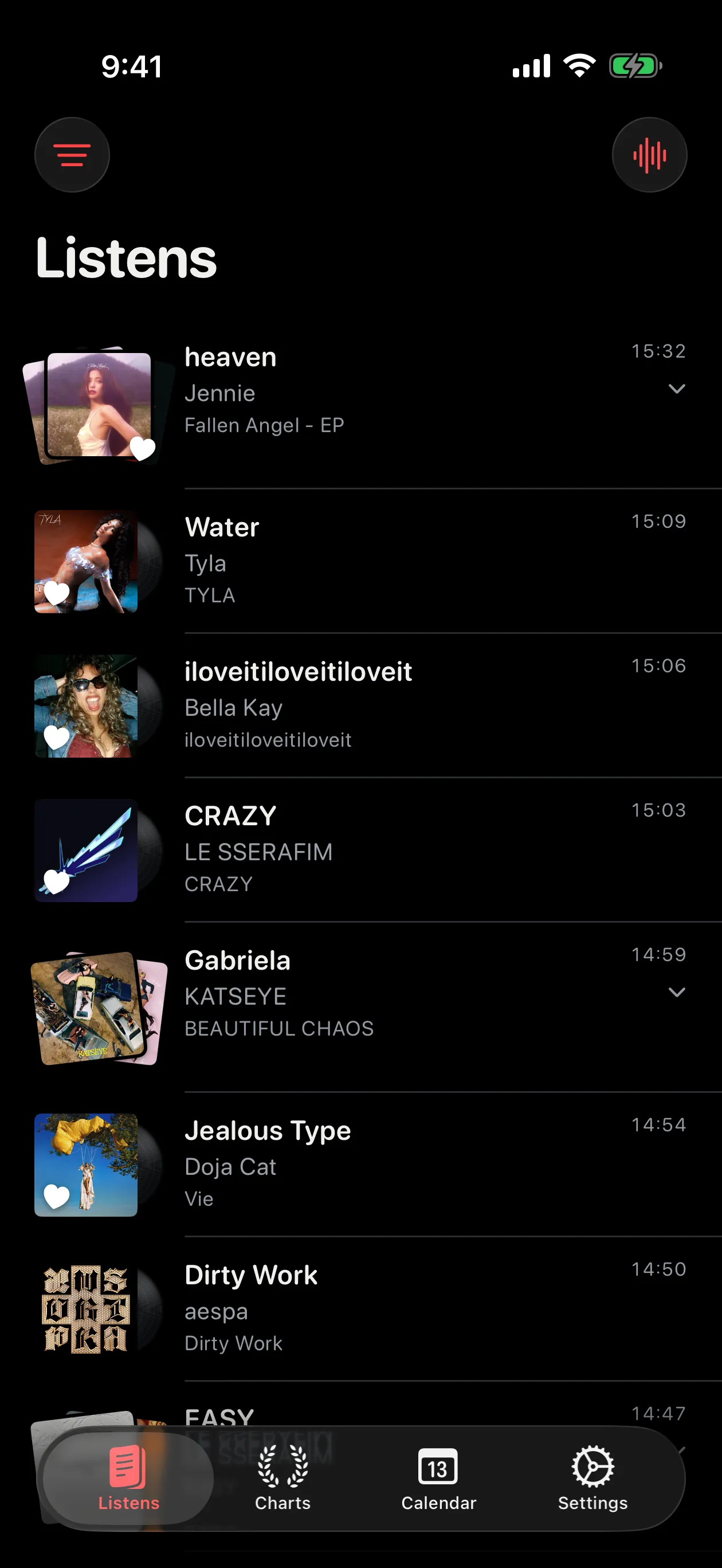 The listening journal, grouped by day, on iPhone