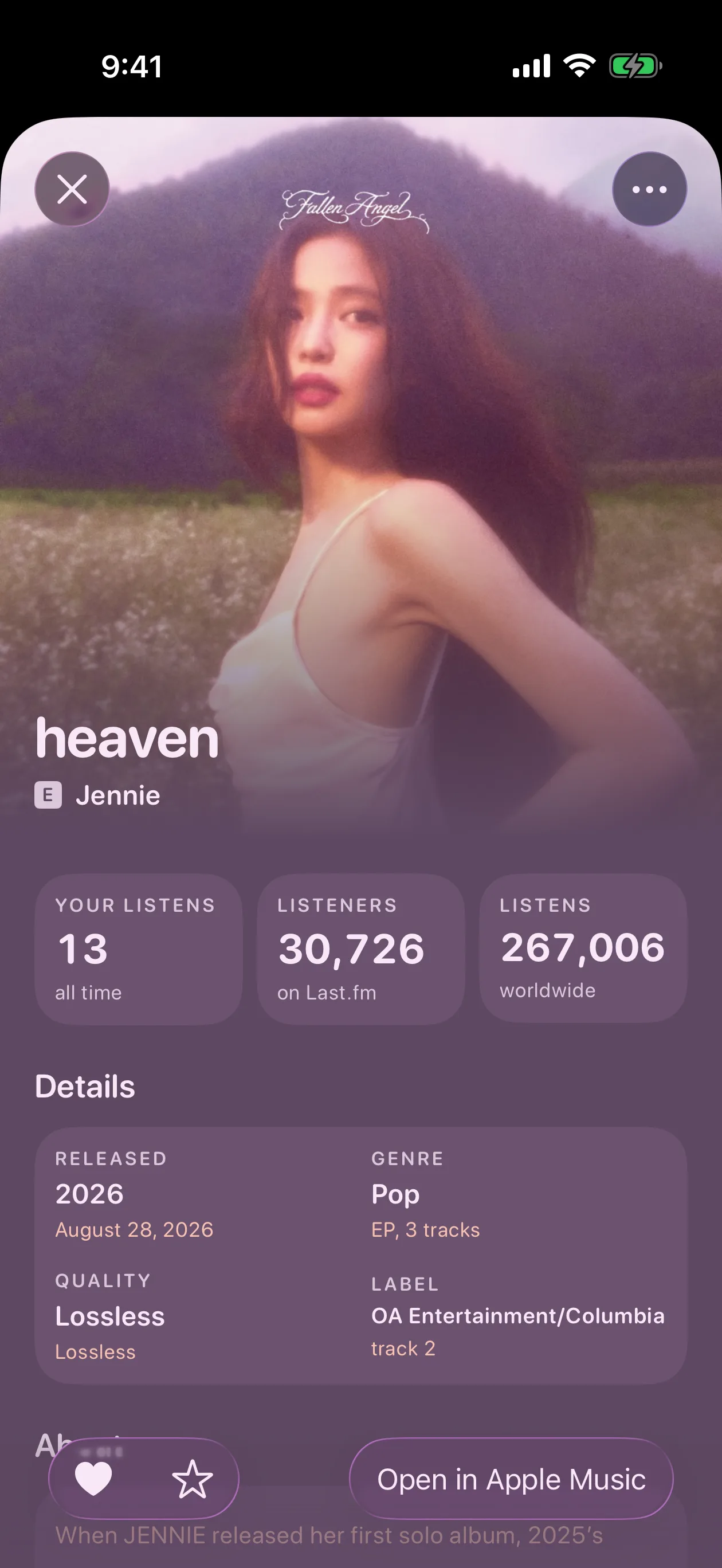 The page for heaven by Jennie, on iPhone